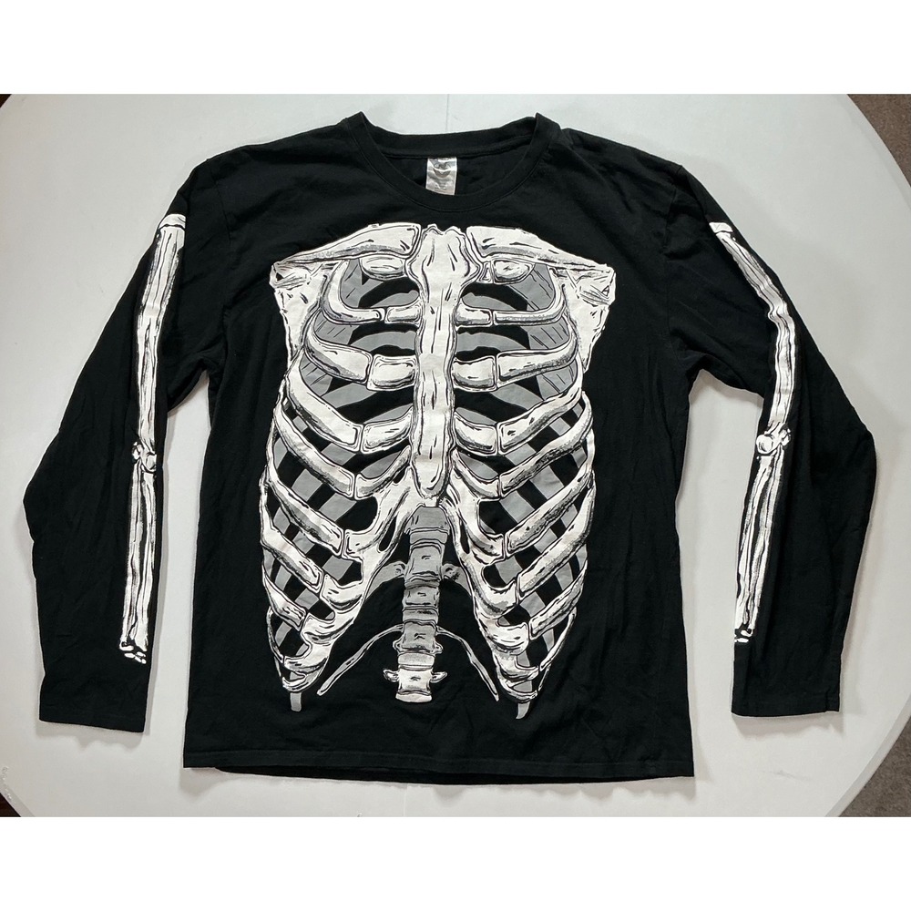 Spirit Halloween Skeleton AOP Front Back Shirt Mens XL Long Sleeve Goth Alt